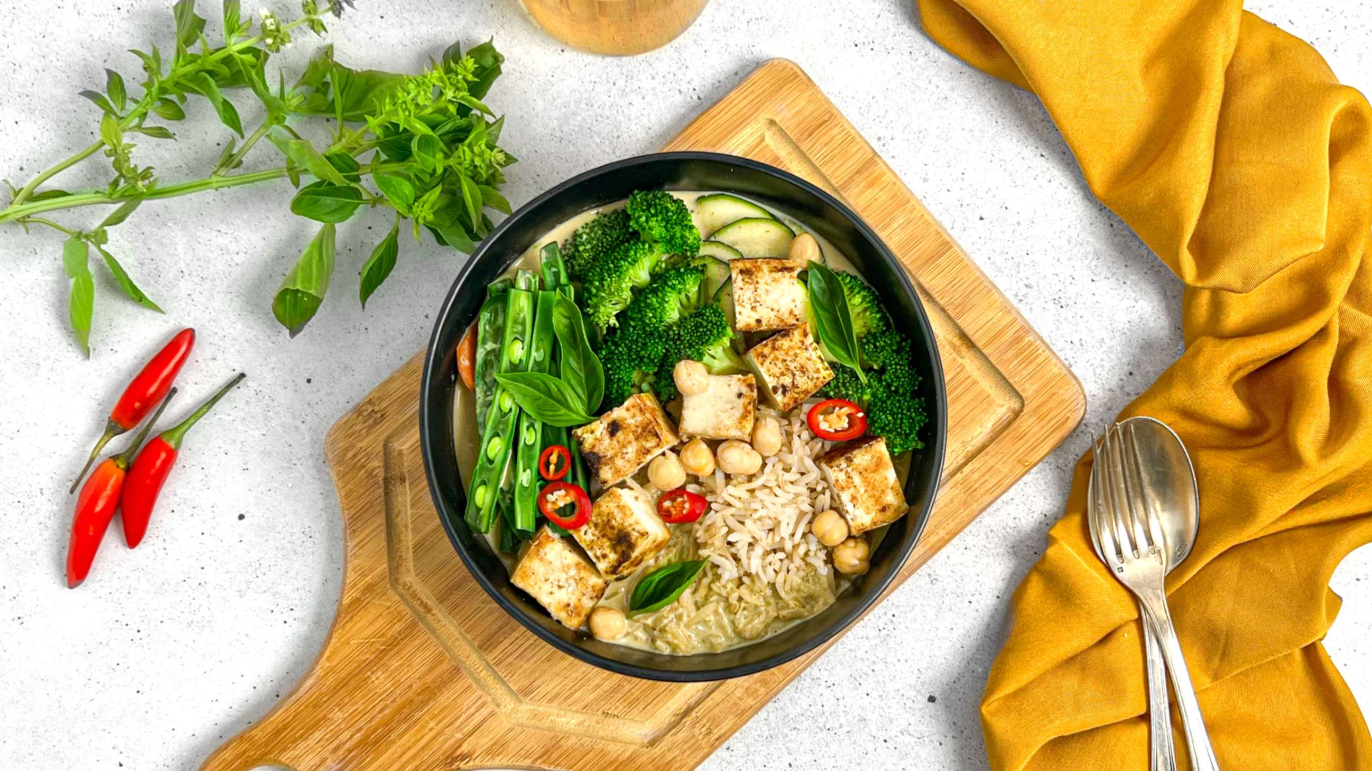 Heartful Flavours Thai Green Curry Recipe Lifestyle Aerial Shot with chilli and thai basil